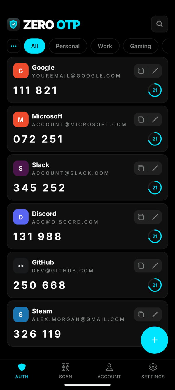 ZeroOTP — live 2FA codes on iPhone